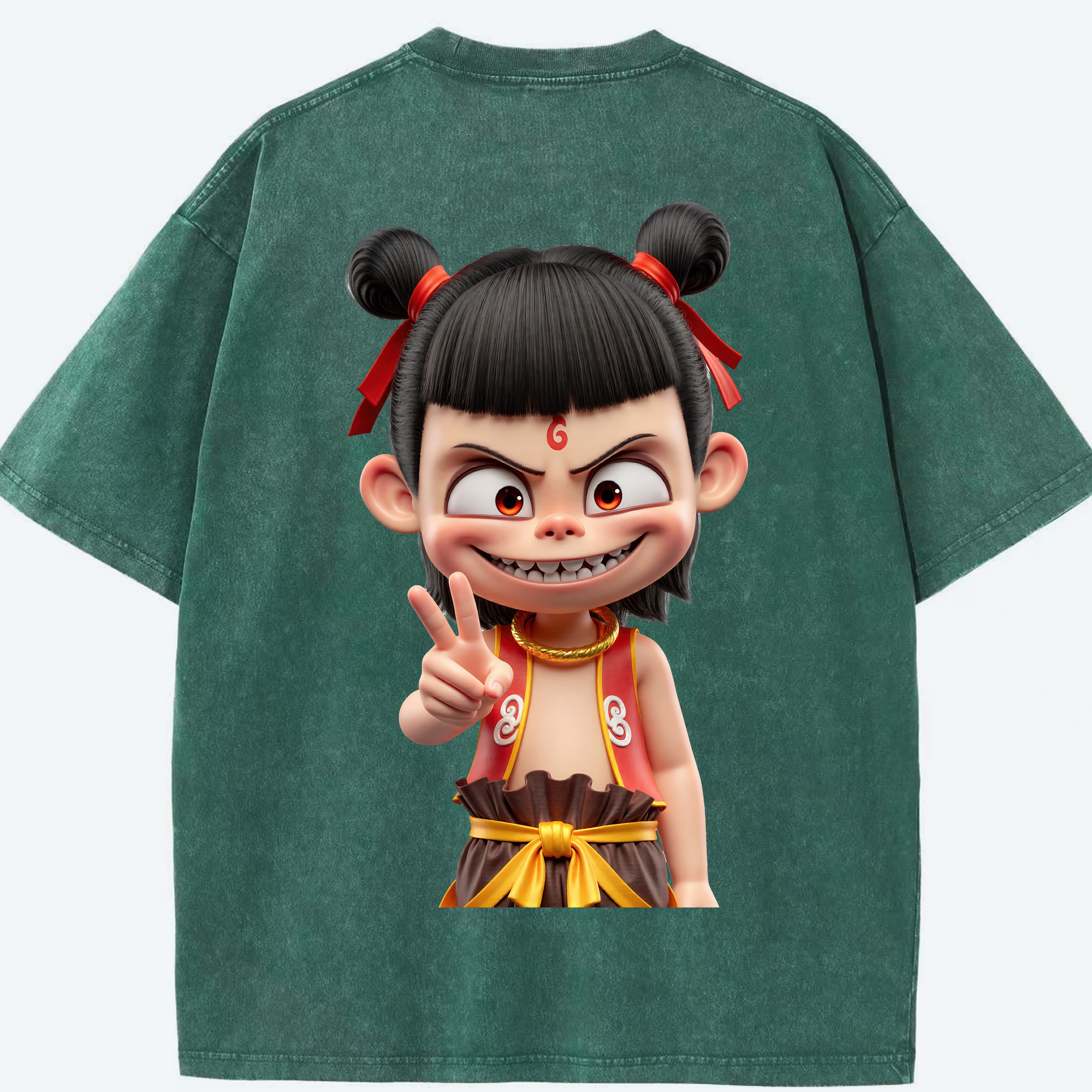 （画像用） Ne Zha 2 ナタ 魔童の大暴れ 綿100% ヴィンテージ風 半袖Tシャツ（背面プリント）